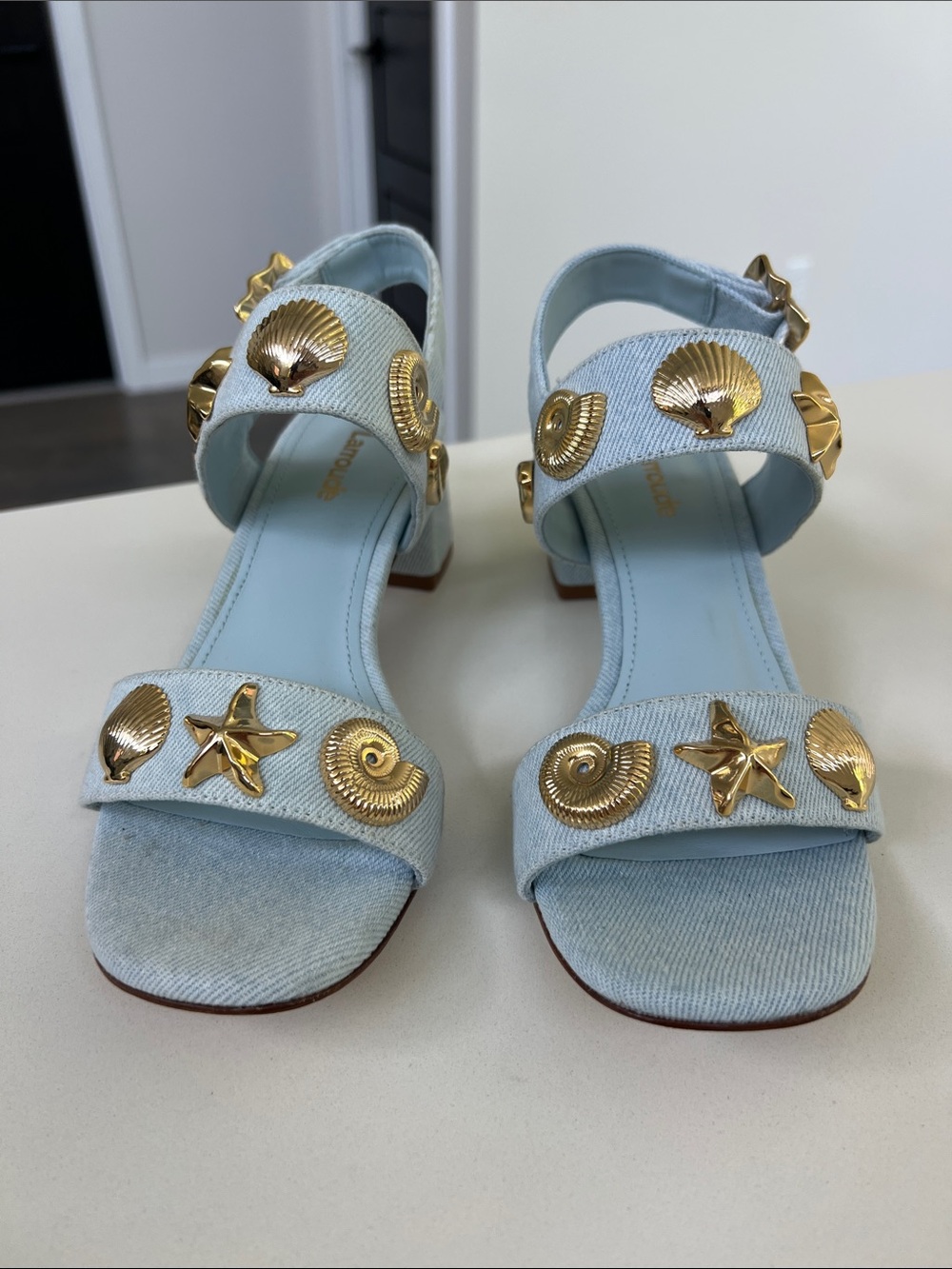 Larroude madison block light blue denim maya heels open toe sandals gold 6 - Picture 6 of 16